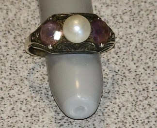 Vintage Marcasite, Cultured Pearl, and Amethyst Sterling Silver Ring, Size 6.25