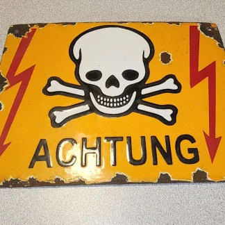 German "Achtung" Enamel Warning Sign with Embossed Eagle and Swastika, Circa WWII Era