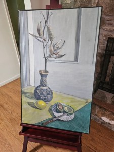 OIL PAINTING ON CANVAS, STILL LIFE, ARTIST SGINED LOWER RIGHT, APPROXIMATELY 25 IN X 39 IN