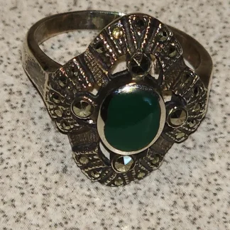 Green Onyx and Marcasite Sterling Silver Ring - German Import, Size 7.5 (1980s)