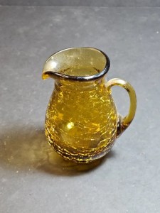 Title: Mid Century Modern Amber Crackle Glass Amber Pitcher 4×3 with Applied Handle and Broken Pontil – Handblown Glass