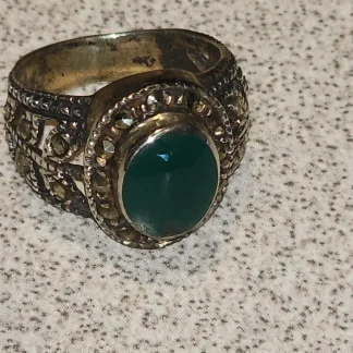 Green Onyx and Marcasite Sterling Silver Ring - German Import, Size 4.75 (1980)