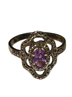 Elegant Marcasite and Amethyst Sterling Silver Ring - German Import, Size 8 1980