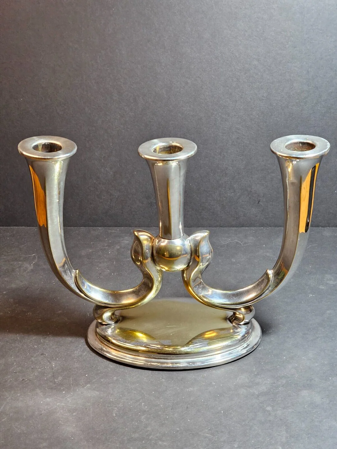 Candelabra by WMF hallmark is made by Württembergische Metallwarenfabrik, 7.5"x 10" 1930s