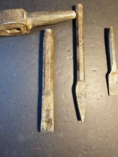 3 cold chisels /one curved and a very unusual hammer with company mark 1940s