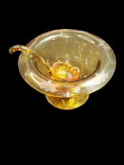 Amber etched compote 6.5 wx3.75 high, floral with line etching.