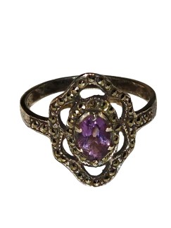 1980s German-Imported Sterling Silver Amethyst & Marcasite Ring - Size 8"