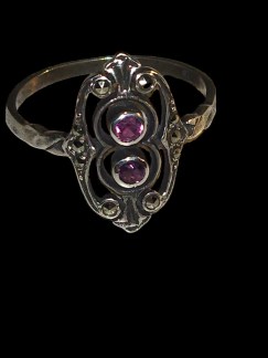 Double Amethyst and Marcasite Sterling Ring - German Import, Size 7 (1980)